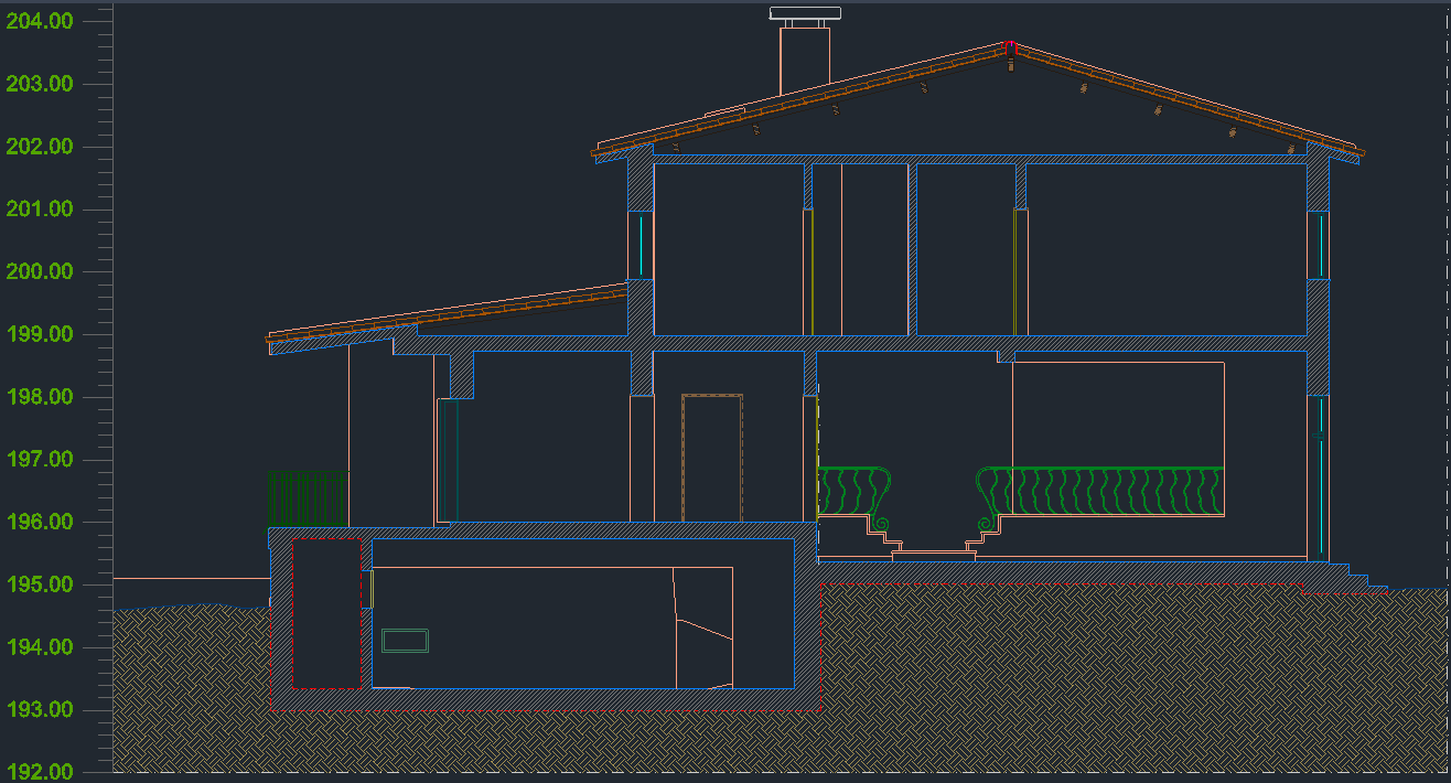 Corte transversal de uma residência em CAD.